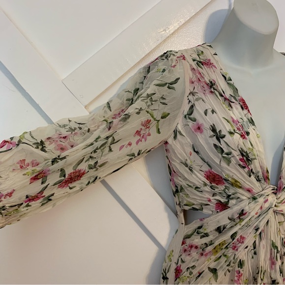 ML Monique Lhuillier Floral Print Pleated Chiffon Puff Sleeve Cutout Maxi Gown 2 - Picture 7 of 11